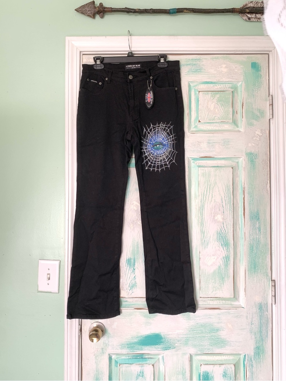 London Blue Black Flare/Boot Y2K Jeans With Spiderweb Design
